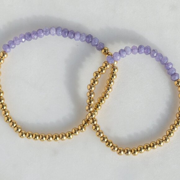 Purple Stone Stretch Bracelet Waterproof Gold Gemstone Stretch Bracelet Stack - Picture 1 of 9